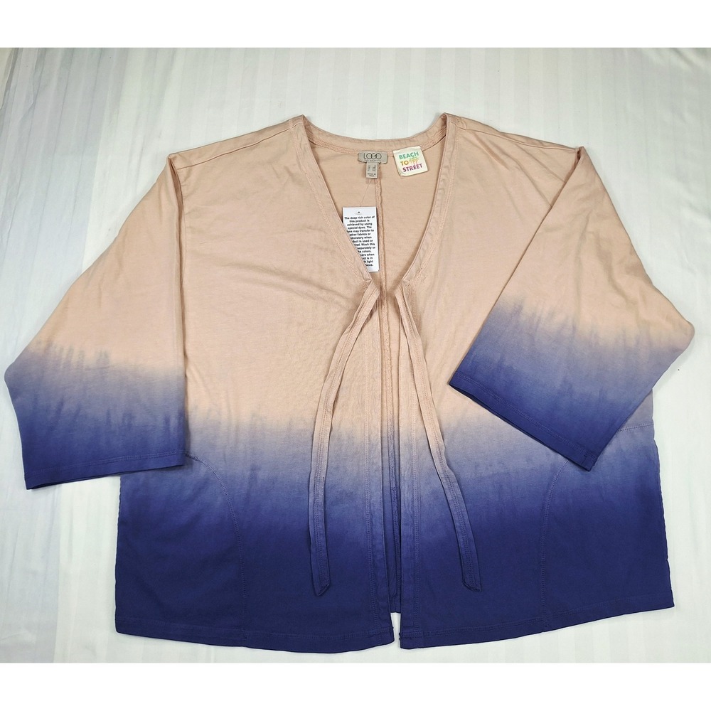 LOGO Lori Goldstein Beach to Street Ombre Tie Front Cardigan Peach Blue 1X NWT